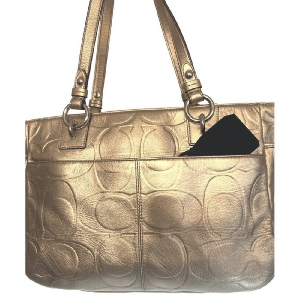 Coach East West Embossed Signature Gold Metallic Shoulder Bag Tote Purse - Picture 3 of 16